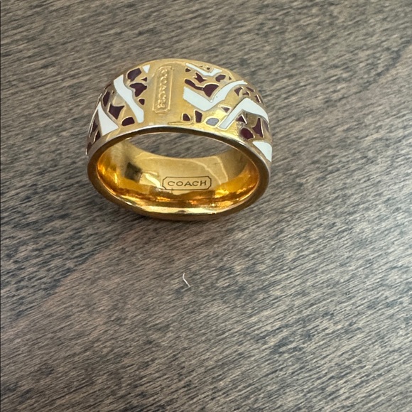 Coach Jewelry - Coach Signature Enamel Ring Size 7 Gold Tone White Brown Logo Designer Jewelry
